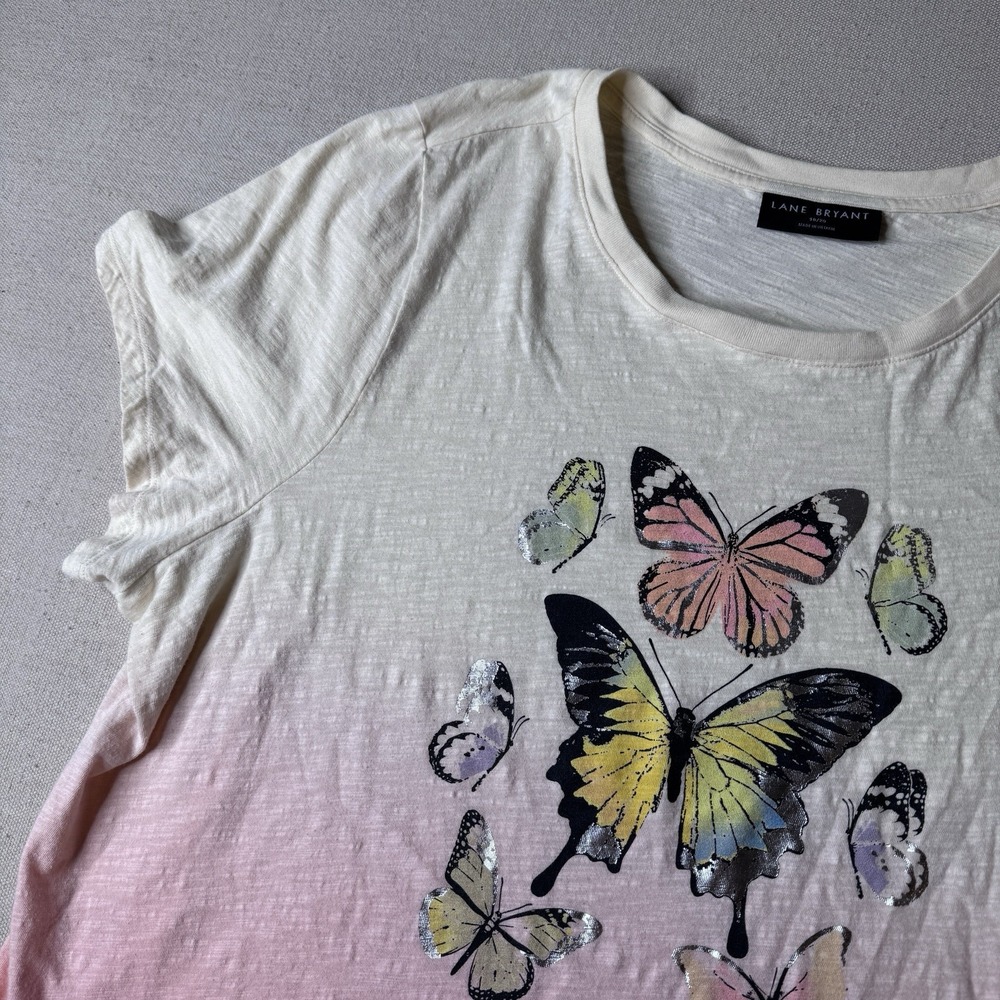 Lane Bryant Graphic Tee 18/20 Pink Dip Dye Metallic Butterflies 100% Cotton